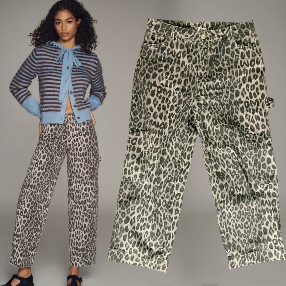 Damson Madder Dion Cargo Carpenter Pants Leopard Print Tan US 12